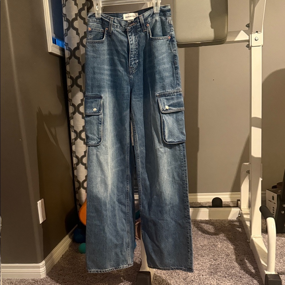 Denim Forum High-Rise Blue Cargo Jeans